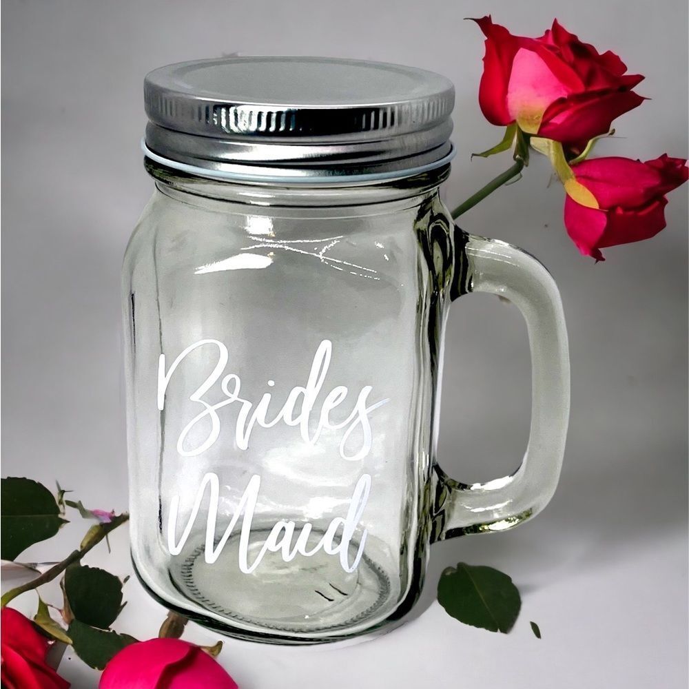 NWT Wool + Pepper Co. BRIDESMAID Glass Mason Jar Cup with Handle & Lid